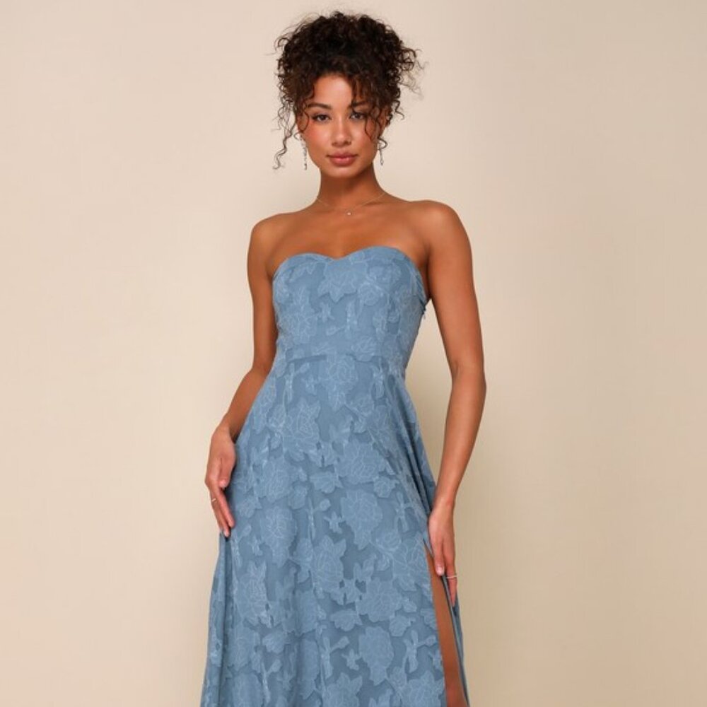 Lulus Garden Of Romance Dusty Blue Floral Burnout Strapless Maxi Dress - Size S